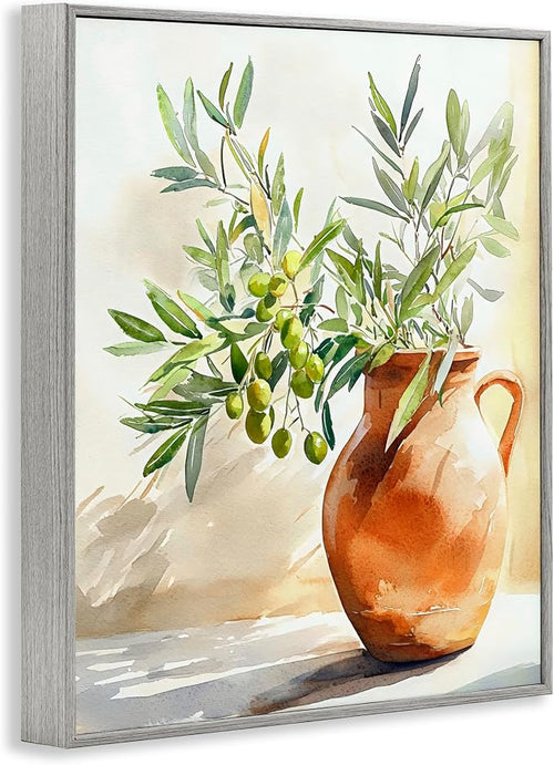 'Olive Branch in Terracotta Vase'| Framed Giclee Art | Stupell Industries | Gray, 11 x 14 Inches, Easy to Hang and Sturdy, Made in USA, by LSR Design Studio
