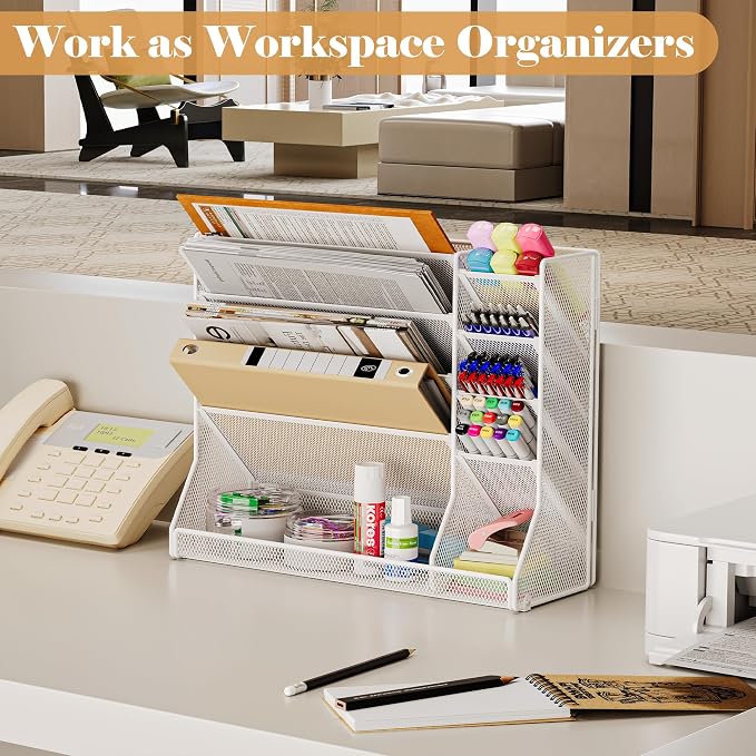 Jakyitvi Adjustable 5 Tiers Wall File Organizer Metal Hanging Holder White | 5 tiers desk paper organizer, folder holder wall mount, mail organizer for home office, hanging document tray