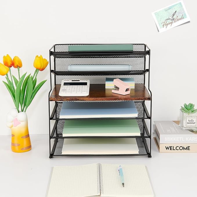Desk Organizer, 6-Tier Paper Organizer Letter Tray, Brown Wood | Desk Organizers and Accessories, Office Desk Accessories & Workspace Organizers, Desktop File Organizer for Office Supplies