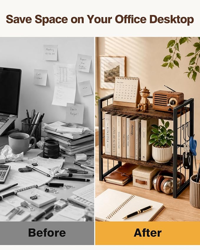 2-Tier Desktop Bookshelf, Desk Shelf Organizer, Rustic Brown | Adjustable Height & 3 Assembly Options, 4 Removable Hooks Provide Extra Storage for Supplies, Books & Home Decor