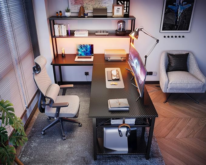 ODK 61 Inch L Shaped Gaming Desk with Hutch & Headphone Hook | Black Corner Computer Table with LED Light and Storage Shelves for Home Office