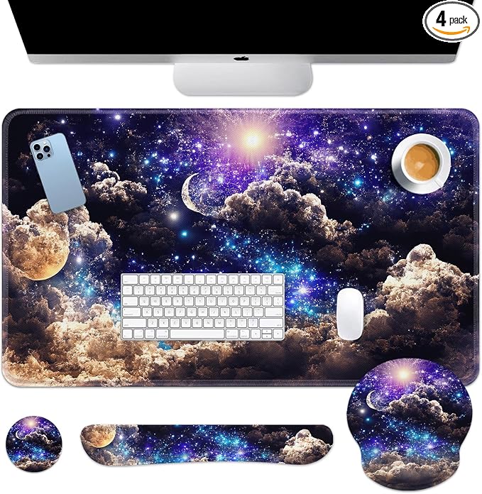 Keyboard Mouse Pad Set, 4 in 1 Desk Mat Set, Space Moon | Night Cloud Blue Large Mousepad+Keyboard Wrist Rest+Mouse Wrist Rest+Coaster Ergonomic Design for Home Office Computer