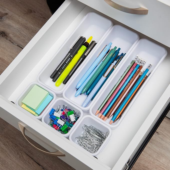 Mind Reader 8-Pc Drawer Organizer, Desk Organizer, Interlocking, Storage, Kitchen, Office, White