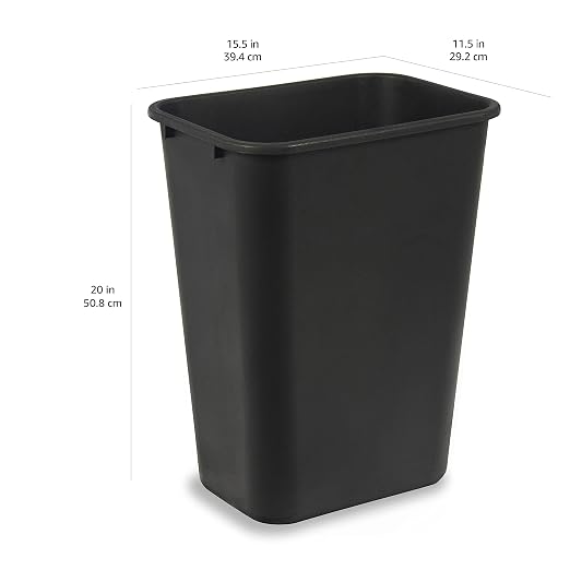 Amazon Basics Rectangular Plastic Office Wastebasket, Easy to Clean,15.5"L x 11.5"W x 20"H, 10 Gallon, Black, 2-Pack