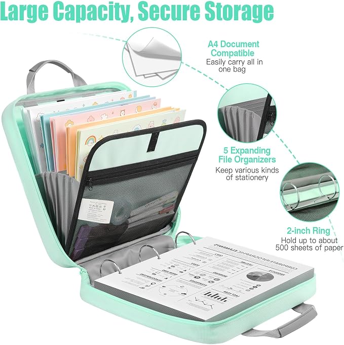 MoKo Zipper Binder, 2 Inch 3 O Ring, 5 Tab File Folders, 500 Sheets, Green | Water-repellent 900D Oxford with five file pockets, two mesh pockets, a handle and padded shoulder strap.