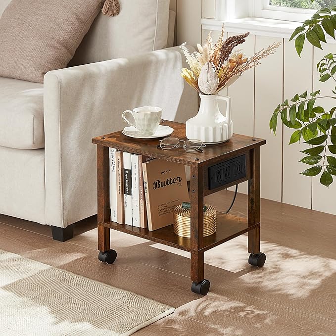 YUFAM 2 Tier Under Desk Printer Stand with Charging Station, Brown | Wooden Small Printer Table for Home Office, Rolling Printer Cart Shelf with Lockable Wheels