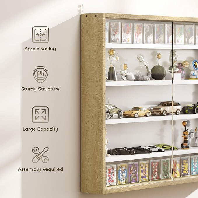 HOMCOM 5-Tier Wall Mounted Display Cabinet Glass Doors 60x80cm White/Oak | Display Case, 4 Adjustable Shelves, for Home Office Ornaments