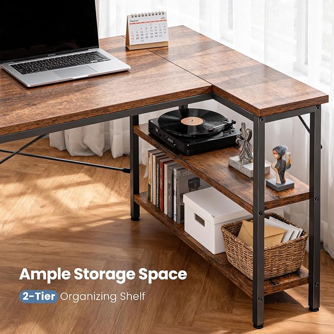 DUMOS 39 Inch L Shaped Desk, Computer Gaming Corner Desks with Shelves | Home Office PC Table, Writing Working Study Desk for Bedroom Dorm, Reversible Design, Rustic Brown