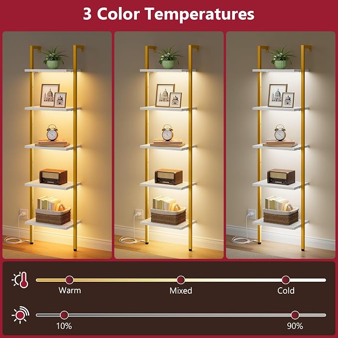 5 Tier Ladder Shelf with Light, Wall Ladder Book Shelf Gold & White | Wooden Ladder Shelf with Metal Frame, Leaning Ladder Shelf Narrow Ladder Bookshelf for Living Room, Bedroom, Office