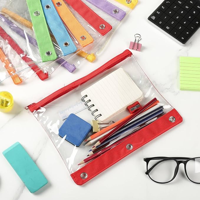 24 Pack Pencil Pouches for 3 Ring Binder Bulk Enlarge Clear Window Pencil Pouches Zipper Pen Case 3 Reinforced Grommet Pen Bag for Binder Utensil Organize Office Supplies(Rainbow Color Series)