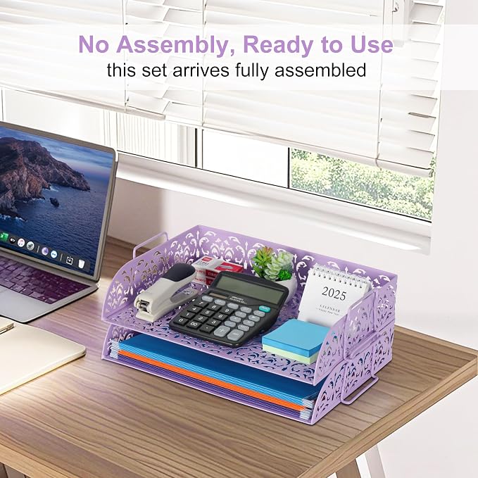 EasyPAG Paper Organizer for Desk 2 Tier Stackable Paper Tray for A4 Legal Size Folders Metal File Storage Desktop Organizer for Home Office School Teacher, Purple