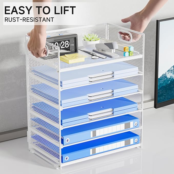 Paper Organizer for Desk with Handle, 6-Tier | Metal Mesh File Organizer, Stackable Letter Tray for Office Documents & Stationery Storage