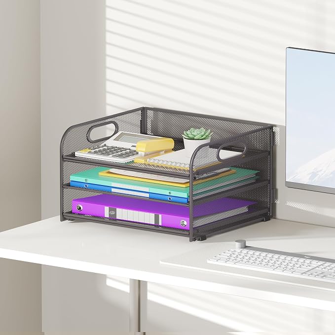 Cawukege 2 Pack 3 Tier Paper Organizer with Handle, Metal Desk Organizer Mesh Paper Letter Tray Desktop File Folder Document Sorter for Classroom, School, Office Accessories Storage (2, Grey)