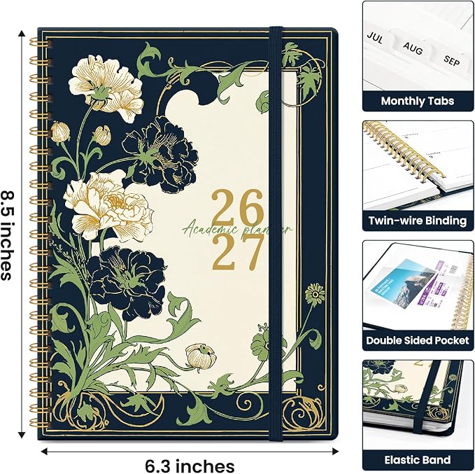 Taja Planner 2026-2027, Jul 2026-Jun 2027 Monthly & Weekly Calendar Planner | 6.3" x 8.5", Hardcover Academic Calendar, Teacher Student Agenda Book with Tabs, School Office Supplies, Floral Dream