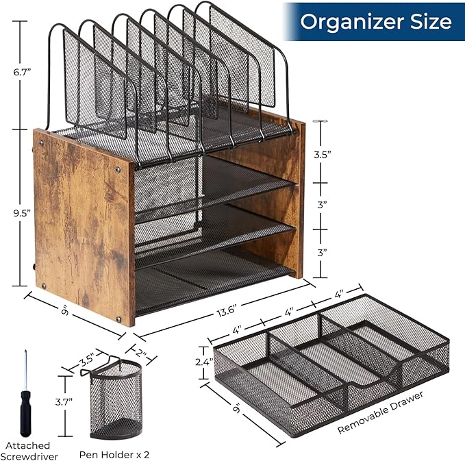 Y YOMA Wooden Desk Organizer, 4-Tier Mesh Desk Organizer with Drawer, Paper Tray & 5 Vertical File Holders, 2 Pen Holders, Desktop Organizer and Accessories for Home Office Dorm