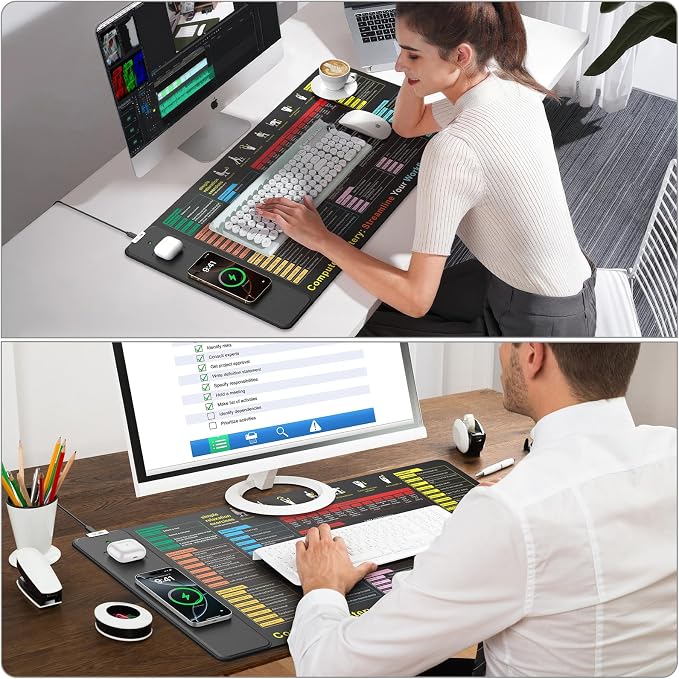 Excel Cheat Sheet Mouse Pad with Magnetic Wireless Charging, 31.5 x 15.8 in | Extended Excel Shortcuts Desk Writing Pad, Waterproof Ultra-Smooth Keyboard Mat, Non-Slip Base