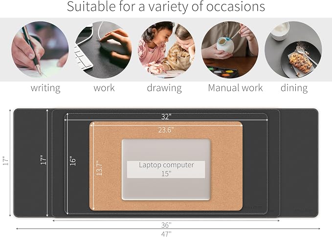 RENMTURE Dual-Sided Mouse Pad, Natural Cork & PU Leather Large Desk Pad for Office and Home Work, Desk Protector Non-Slip, Waterproof, Easy Clean (Black,47"x17")