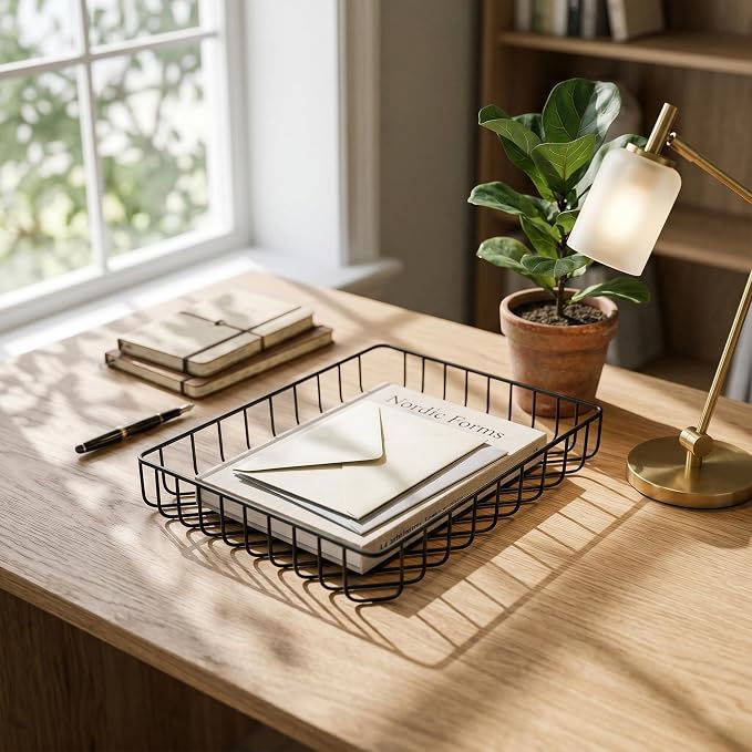 Elegant Wire Desk Tray Organizer - Multipurpose A4 Letter Size File Tray, Premium Metal Mesh Document & Magazine Holder, Luxury Storage Basket for Office, Vanity, & Bathroom,Black