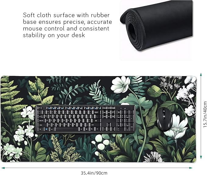 Floral Aesthetic Wildflower Gaming Mouse Pad, Forest Green Moody Forest Desk Mat with Anti-Slip Base & Stitched Edges,35.4" x 15.7" in Table Mat for Computer Desktop, Beautiful Workstation Decor