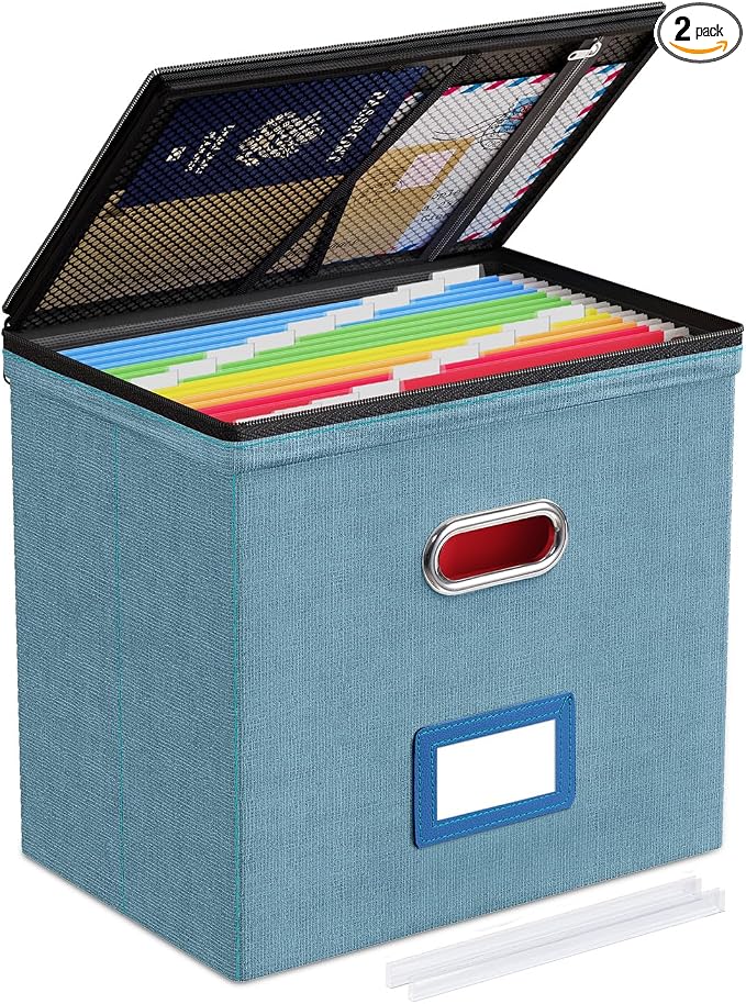 Oterri File Box Small 1-Pack Mesh Pockets Hanging Organizer for Letter-Size | Dustproof Lid. 3 Mesh Pockets. Collapsible Scratch-Resistant GRS Linen. Slide Rails. Office, Home, Dorm