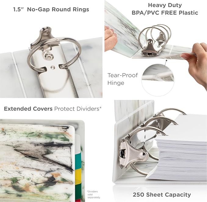 Carstens Limited Edition 1.5-Inch Green Marble Heavy Duty 3-Ring Binder – Side Opening, Waterproof, Durable Plastic, No-Gap Rings, Holds 250 Sheets, BPA-Free, Made in USA (2053-3R), Case of 20