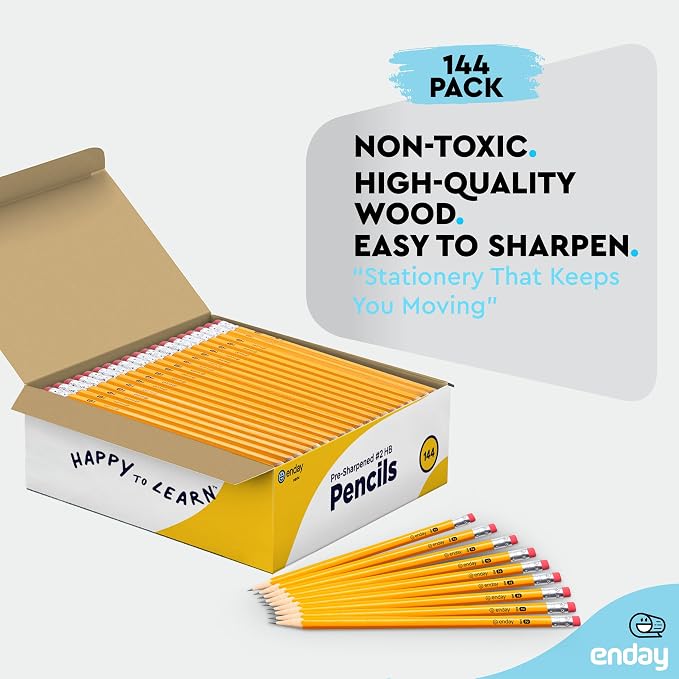 Enday #2 Pencils Bulk - 144 Pack - Pre-Sharpened Wood-Cased Yellow Graphite Pencils for Kids with Latex-Free Eraser Top for Office and Classroom Supplies