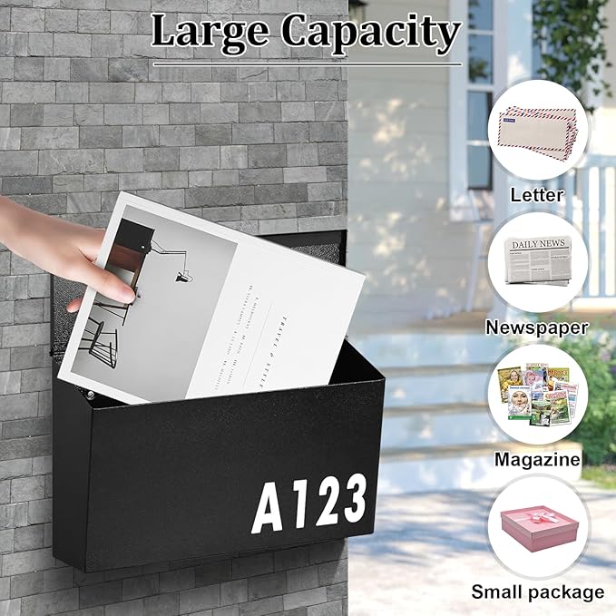 Dalmbox Wall-Mount Mailbox Large Mailbox for Post Rust-Proof Galvanized Steel Box for Outside or Townhouse Horizontal Style, Black, 15.7” x 4.3” x 9.4”