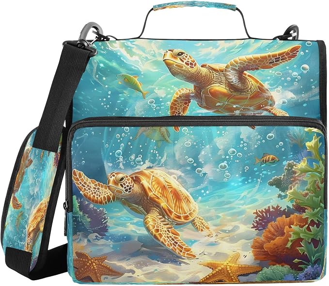 ALAZA Zipper Binder 3 Ring Sea Turtles on The Sea Binder Organizer with Zipper and Shoulder Strap Large Capacity Multi-Pocket Trapper Keeper File Folder for Office Supplies