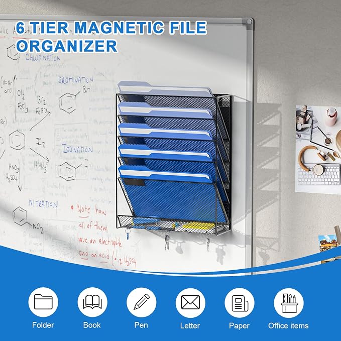OUTWOLF Magnetic File Holder, 6-Tier Magnetic Wall Hanging File Organizer, Paper Folder Mail Organizer for Office, File Cabinets, Whiteboard, Fridge