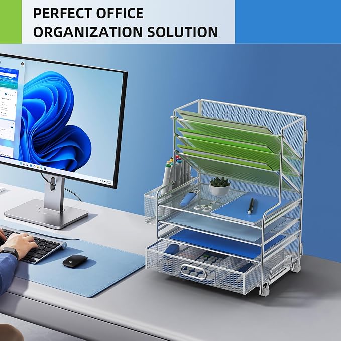 MINDEPOT 4-Tier Paper Organizer + 3-Pocket File Holder + Drawer + Pen Holders, Desktop File Organizers Paper Tray for Office Supplies School Classroom Organization (Silver, with Drawer & Pen Holder)