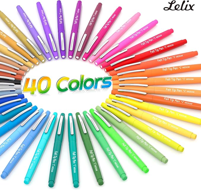 Lelix Felt Tip Pens, 40 Colored Pens with Case, Medium Point, Felt Tip Markers Pens for Journaling, Writing,Drawing, Note Taking, Planner, Perfect for Art Office and School Supplies