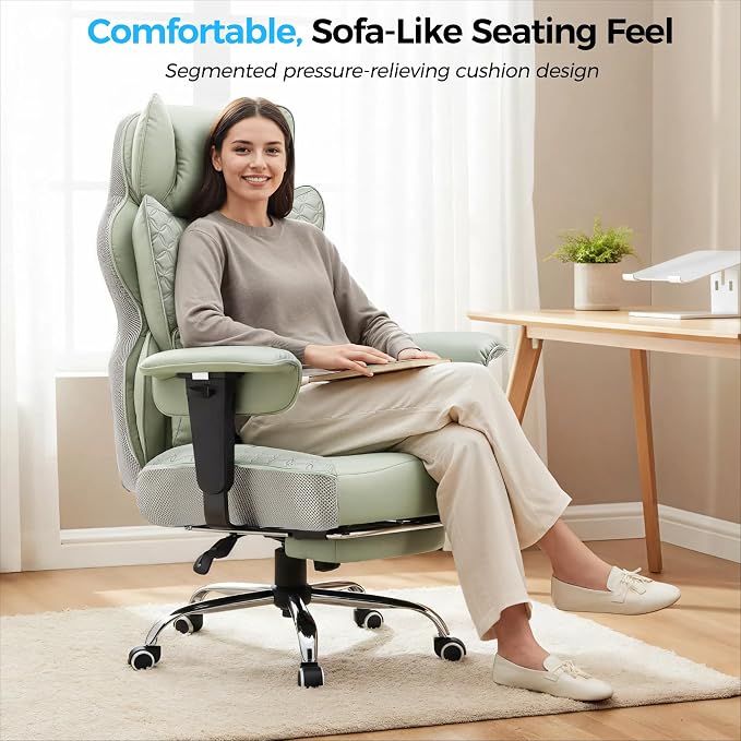 COMHOMA Big and Tall Office Chair Heavy Duty Wide Ergonomic Gaming Chair with Deluxe Embossing Designed Leather with Foot Rest,150°Reclining Adjustable Armrests Pocket Spring Back Support and Pillow