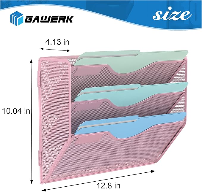 Gawerk 3 Tier Hanging Wall File Organizer, Mesh Mail Paper Orgnization Hanging File Folder Holder for Home Office, Pink