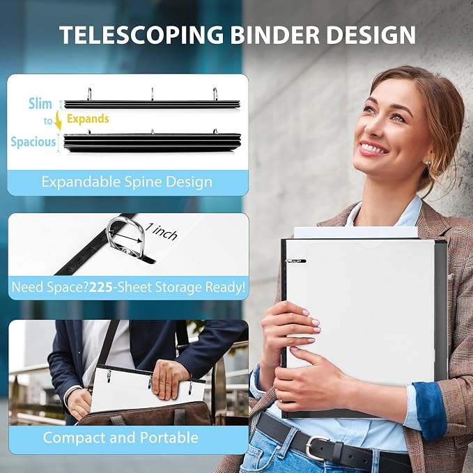 WOT I 1 Inch Telescoping 3 Ring Binder, Expandable Flexible Binder with Customizable Front Cover & Clear Catalog Pocket, Holds 8.5"x11" Paper, School Office Supplies, White