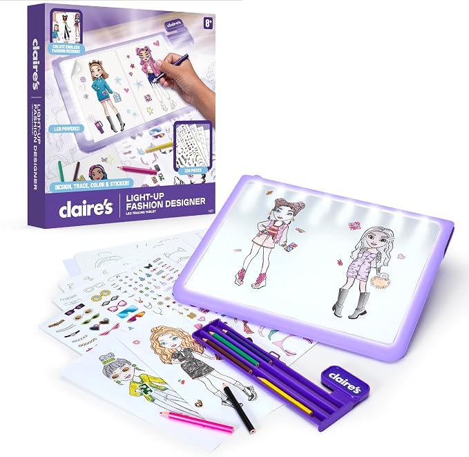 Claire’s Light-Up Fashion Designer LED Tracing Tablet - 330-Piece Arts & Crafts Kit| Fashion Templates, Stickers, Colored Pencils & Paper| Kids Coloring & Drawing Board Activity| Girls Toy Gift|Age 8+