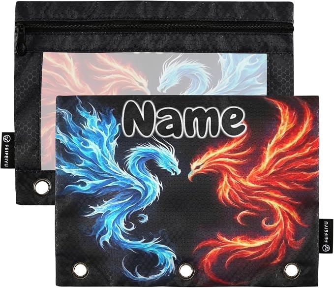 Custom Dragon Phoenix Pencil Pouch for 3 Ring Binder, 2 Pack Personalized Name Waterproof Pencil Bags Clear Window Pencil Case School Office Supplies