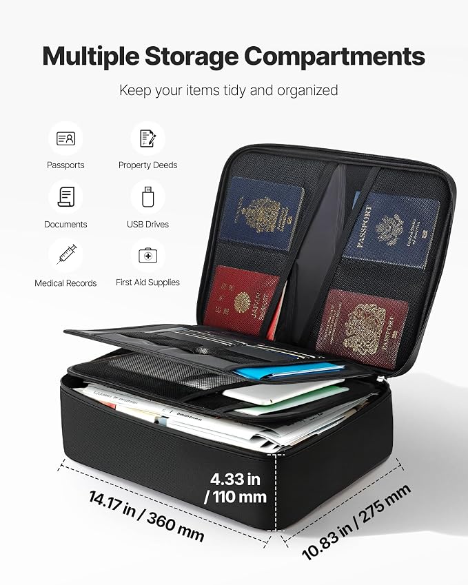 VEVOR Fireproof Document Box, 1832 ℉ Heat Insulated Fireproof & Waterproof Box with Lock, Portable Multi-Layer Home Office Travel File Storage Organizer, for Passports, Important Documents, Files