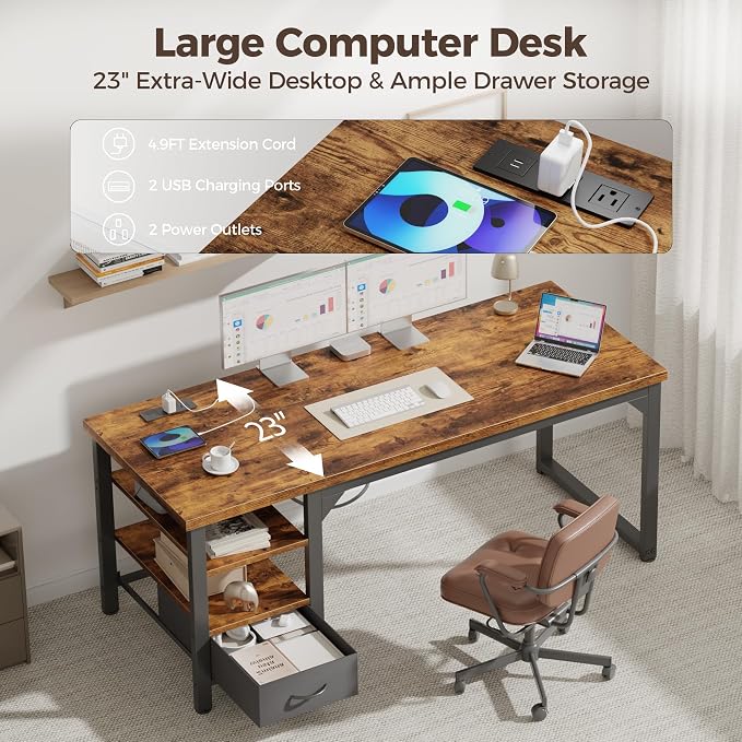 54" Computer Desk with Drawer, 1.2" Thick Reversible Office Desk | Modern Writing Table with Power Outlets & Storage Shelves, Heavy Duty Industrial Executive Desk for Home Bedroom Study Work