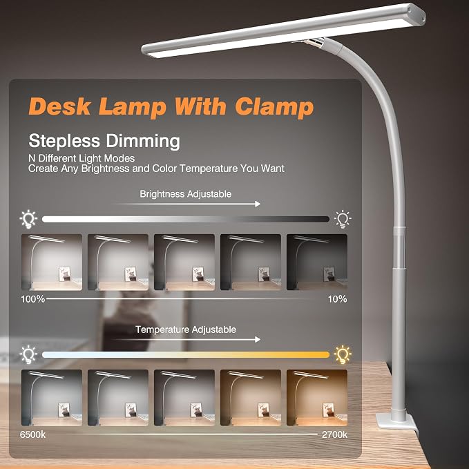 Airlonv LED Desk Lamp with Clamp, 17" Stepless Dimming Light, White | 2700K-6500K, 100 LEDs, 360° Gooseneck, Fits Up to 30" Monitors, Flicker-Free Lighting for Home Office, Study& Workbench