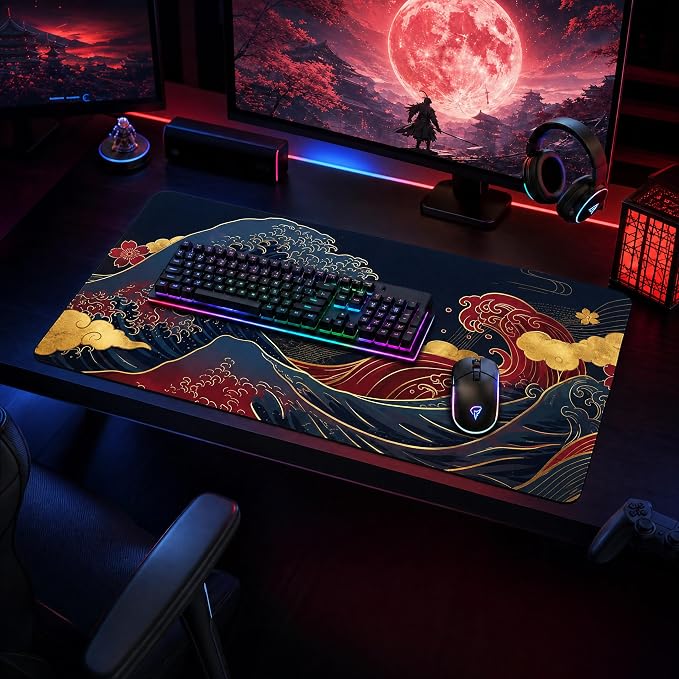 Japanese Great Wave Mouse Pad XL-Extended Gaming Desk Mat (31.5 x 15.7 in) | Black and Gold Ukiyo-e Art Mousepad with Anti-Slip Rubber Base, Waterproof Keyboard Mat for Office, Home & Esports