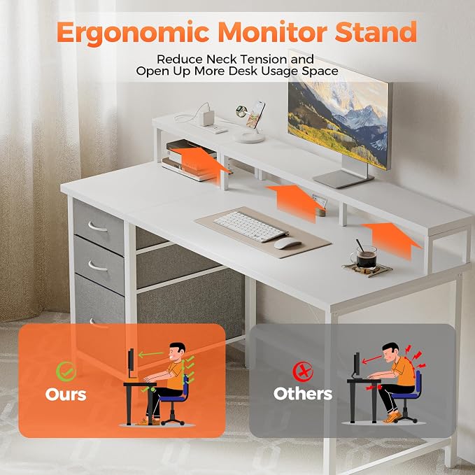 63 inch Computer Desk with Drawers, Reversible Gaming Desk, White | Gamer Desk with LED Lights, Power Outlets & Monitor Stand, Large Office Table for Home Bedroom Study Work Writing