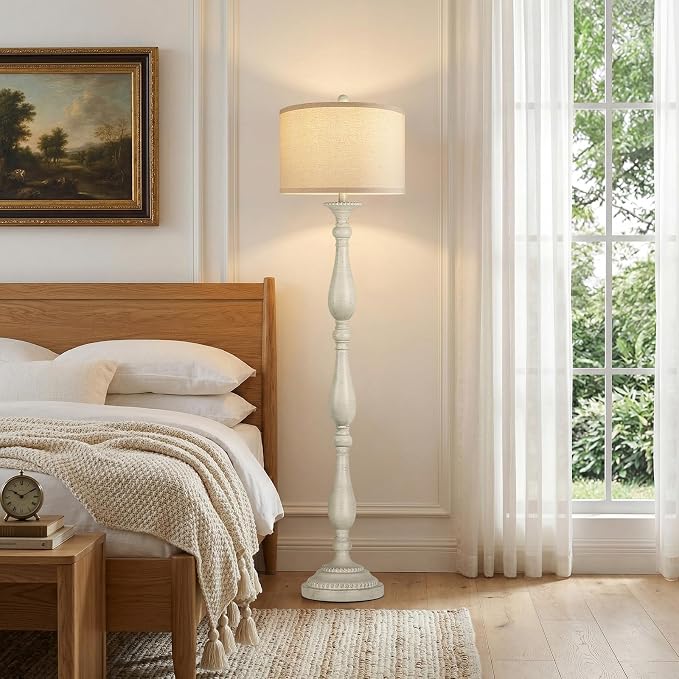 Vintage Floor Lamp for Living Room, Rustic Farmhouse Standing Lamp with Rotary Switch and Linen Shade, Retro Resin Floor Lamp for Bedroom, Corner, Dining Room, House Decor, White