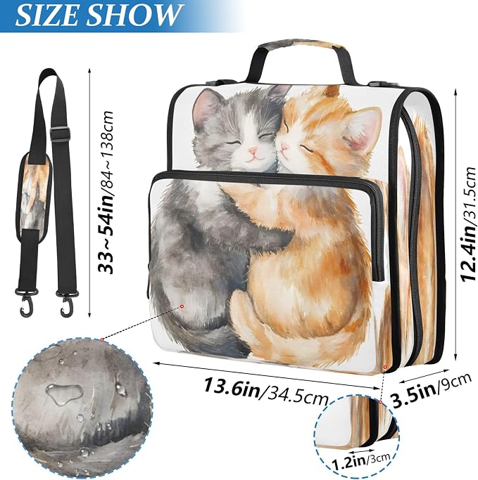 3 Ring Zipper Binder Cute Cats in Love Binder Organizer Portfolio with File and Shoulder Strap & Handle Large Capacity File Folder