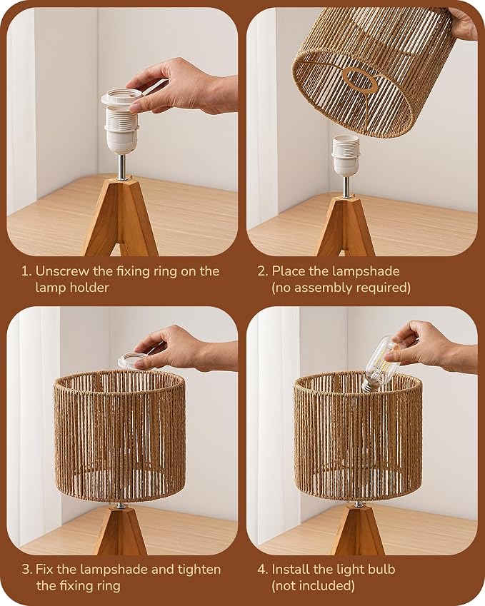 EDISHINE Small Rattan Table Lamp, Wood Tripod Bedside Lamp, 14.2", E26 Base | Natural Style, E26 Socket, Boho Nightstand Light for Living Room, End Table, Office, Rosewood Color&Vertical Stripe Shade