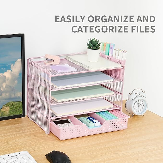 LEKETREE Desk Organizers and Accessories, 5-Tier Paper Letter Tray Organizer with Drawer & 2 Pen Holders, Desktop Organizer for Office Supplies (Pink)
