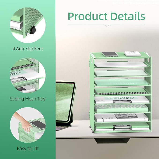 9-Tier Paper Organizer for Desk, Metal Letter Tray with Handles, Mint Green | Desk File Organizer with Removable Trays for Sorting Files, Folders, Mail and Printer Paper at Home, School or Office