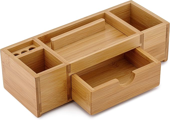 Bamboo Desk Organizer – Durable Office Wood Desk Organizer with Drawers, Storage Compartments, Pen Holder, and Phone Holder- Home and Office Desk Organizers and Accessories