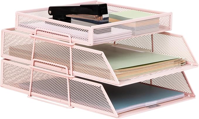 Mind Reader 2 Tier Paper Tray with Top Supply Compartment, Desktop File Organizer, Metal Mesh, Pink