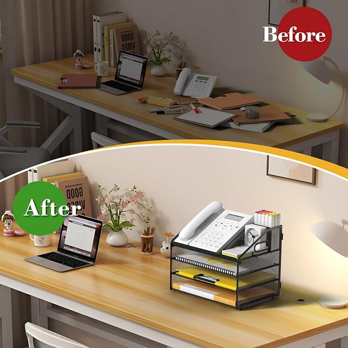 4 Tier Mesh Desk Organizer with Pen Holder and Handle Letter Tray | Metal desktop document shelf and paper sorter. Premium mesh workspace storage for office, home, and classroom
