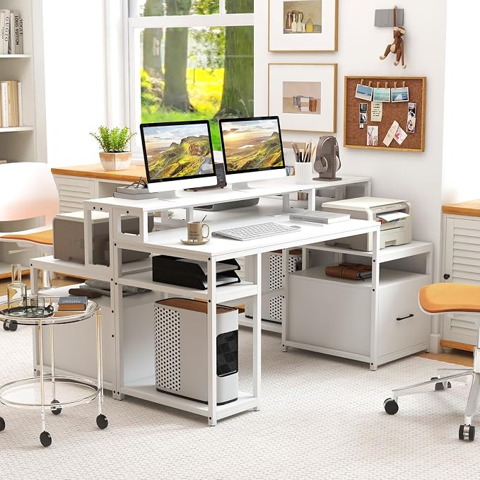 GIANTEX Computer Desk with Drawer, 66 Inch Computer Workstation with Charging Station, Monitor Stand, Printer Cabinet, CPU Stand & File Drawer, Gaming Table Writing Desk for Bedroom, White